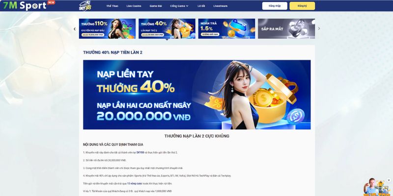 SKY88 thu hút người chơi với chương trình thưởng 40% cho lần nạp thứ hai