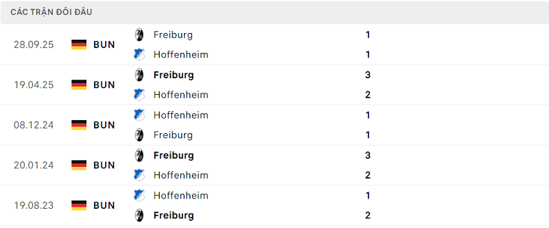 Lịch sử đối đầu Hoffenheim vs Freiburg